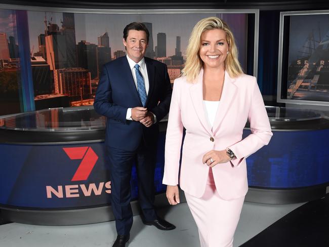 Rebecca Maddern has joined the Channel 7 news team. (L-R) Mike Amor and Rebecca Maddern on set. Picture: Josie Hayden