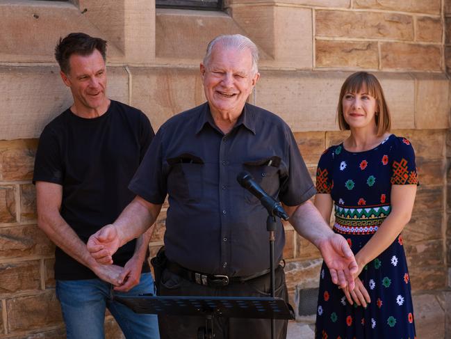 Reverend Bill Crews with the powers that be - NSW Premier Chris Minns and local MP Jo Haylen. Picture: Justin Lloyd.