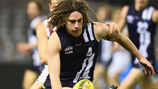 Gryan Miers is a small forward who was best on ground in the TAC Cup final for Geelong Falcons and should be available around the Suns’ first pick. Picture: Getty