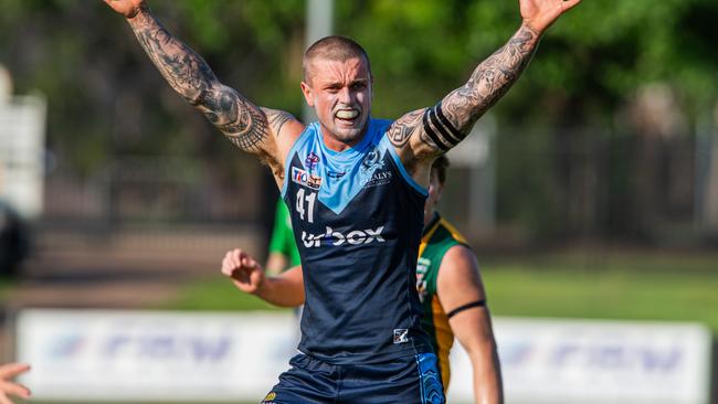 Tom Simpson playing for the Darwin Buffaloes against PINT in the opening round of the 2024-25 NTFL season. Picture: Pema Tamang Pakhrin