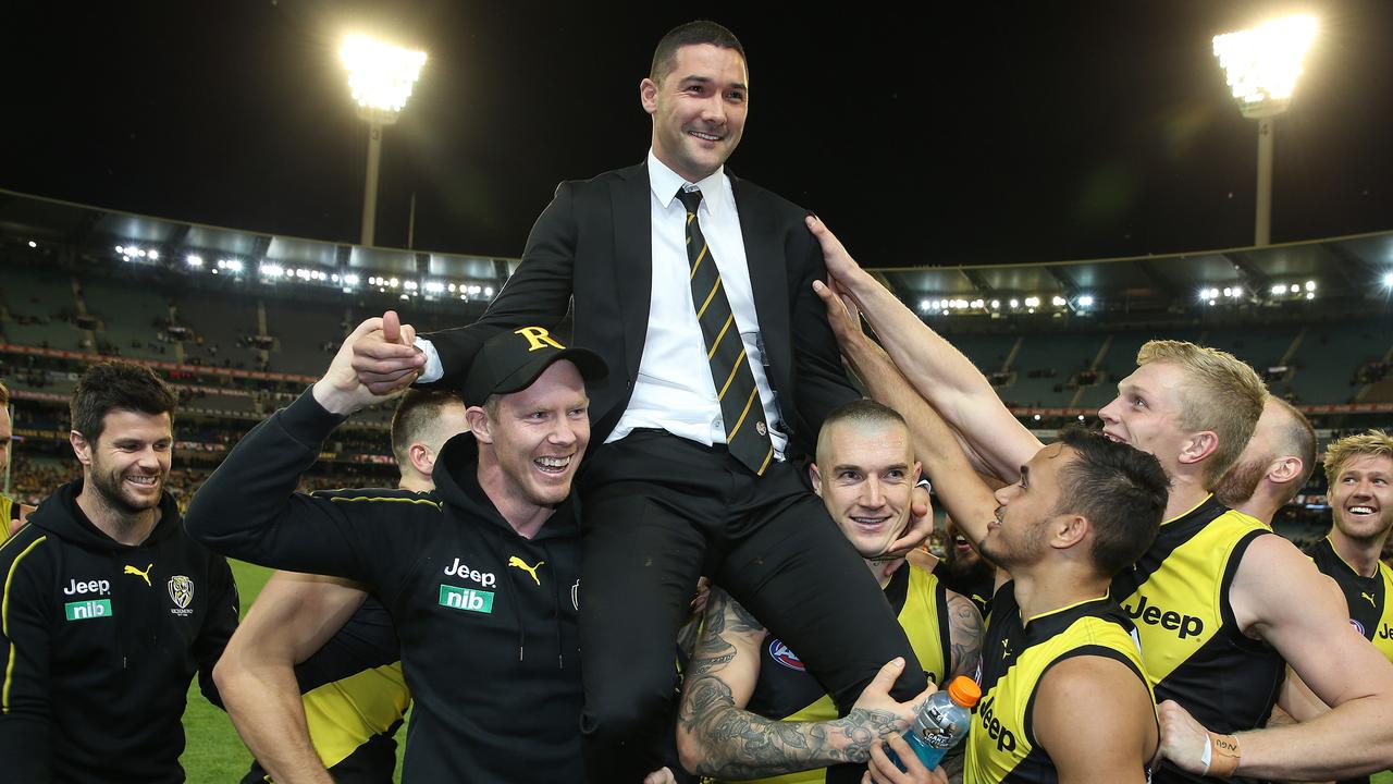 Shaun Grigg was chaired off the MCG after announcing his retirement during the season. Picture: Michael Klein