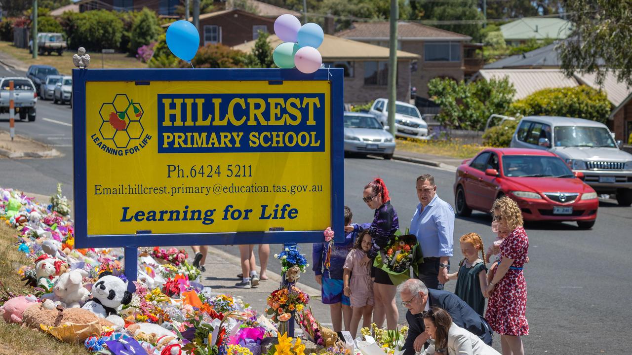 Prime Minister Scott Morrison and wife Jenny Morrison visit the school to lay flowers. Mourners pay tribute to the children who died after gust of wind swept away a jumping castle at Hillcrest Primary School Devonport Tasmania. Picture: Jason Edwards