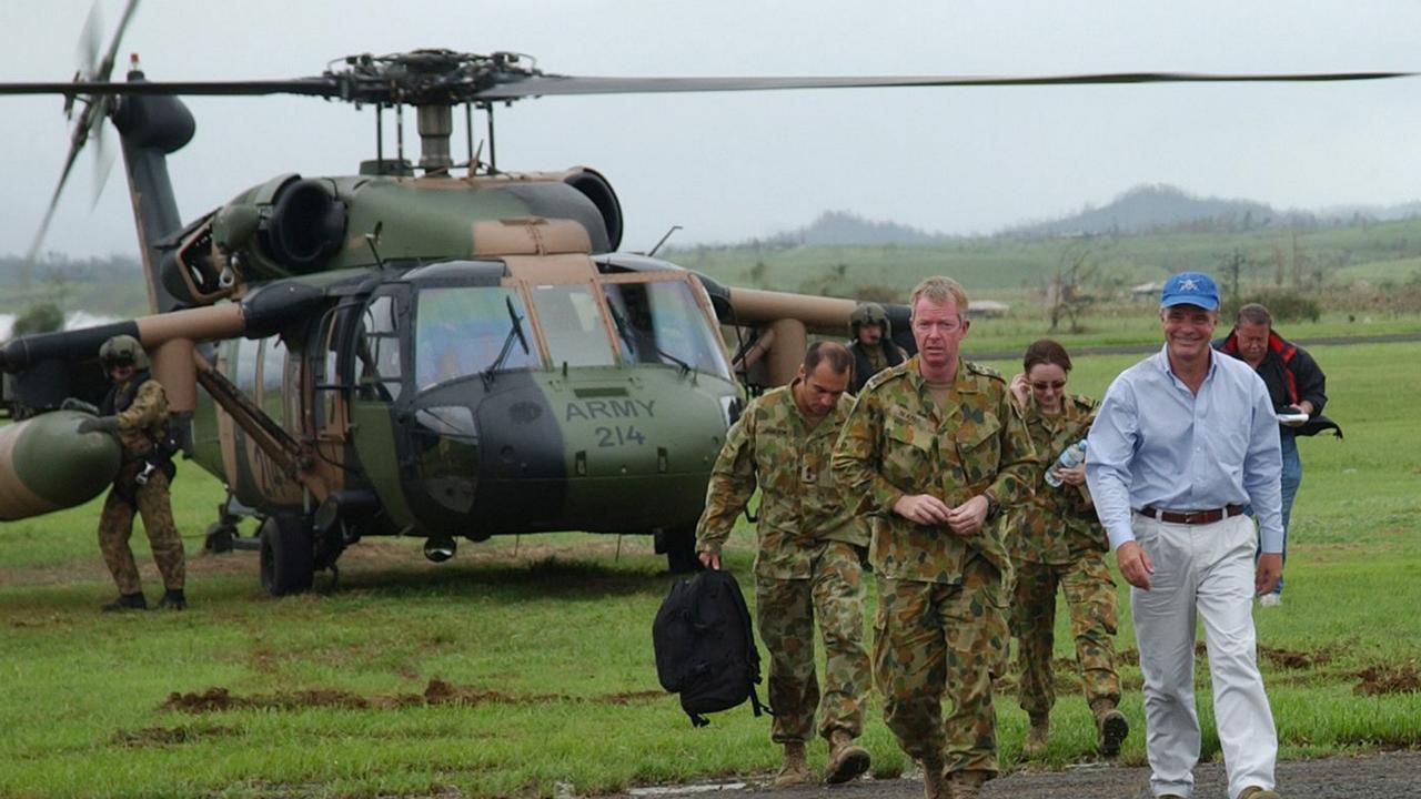 Dr Brendan Nelson WITH Brigadier Michael Slater, Commander of the Joint Task Force co-ordinating the defence operations in support of the Queensland Government disaster plan in the aftermath of Cyclone Larry. Picture: Supplied