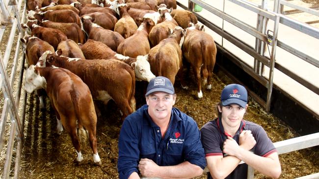 Ken Star, manager Bungil Park Herefords for the Zauner family, with Chris Zauner, and weaner steers which made to 802c/kg at Wodonga recently.