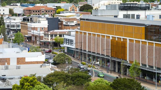 Margaret St in the Toowoomba CBD as seen from a Hutchinson Builders construction crane at the inner-city apartments build in Mylne St. Picture: Kevin Farmer