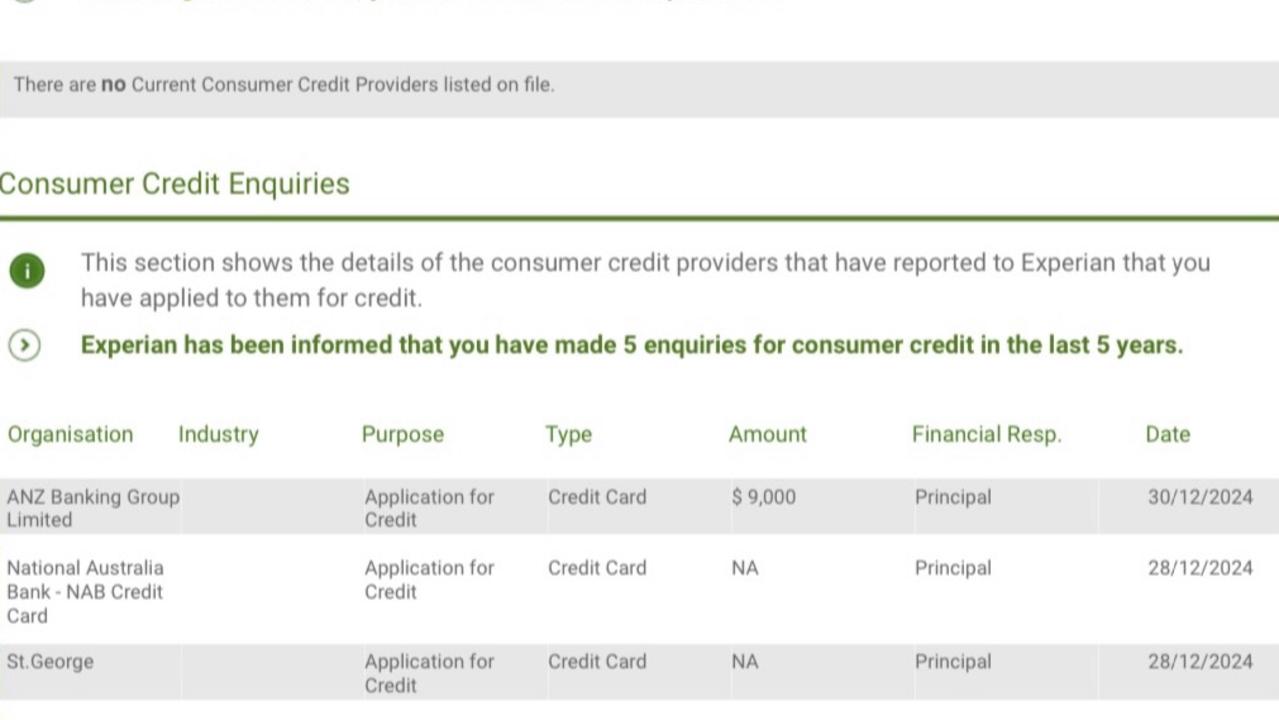 Three credit card applications made in Ms White’s name shortly after she sent over the passport. Picture: Supplied