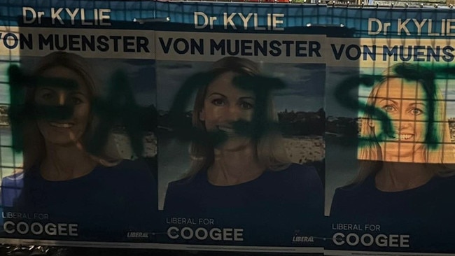 Grafitti'd posters for Liberal’s Coogee candidate Kylie von Muenster on NSW Election day. Picture: Twitter