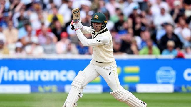 Alex Carey plays a stroke late on day five in the first Test. Picture: Getty