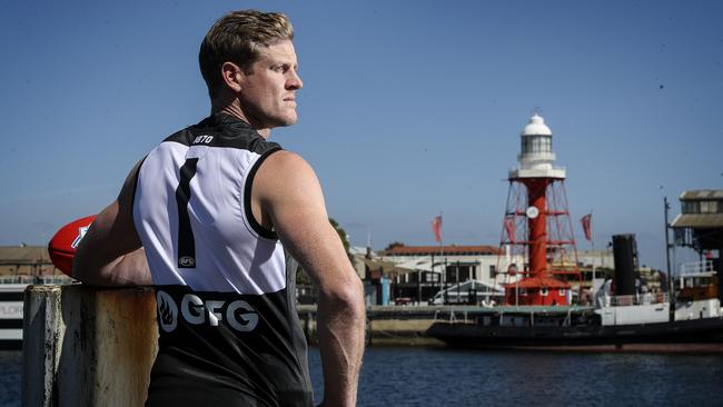 Tom Jonas when he was unveiled as Port Adelaide’s solo skipper and would wear the No. 1 jumper this season. Picture: Sarah Reed