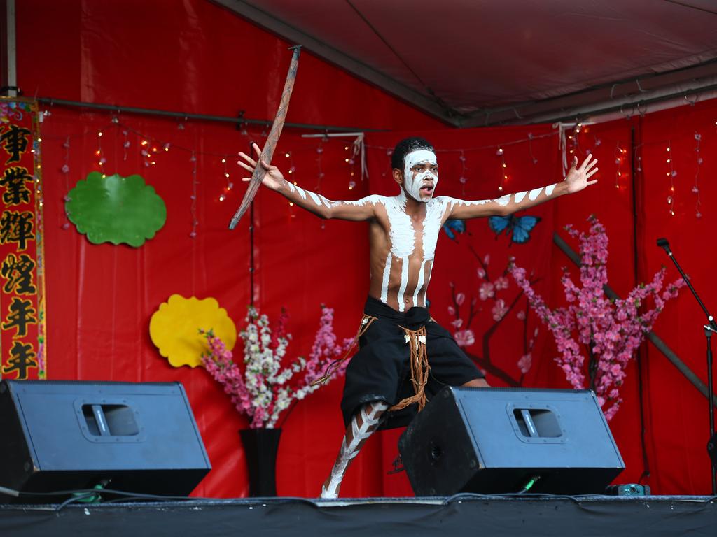 Jeff Daniels of the Minjil dance group dance performs at the Cairns and District Chinese Association Inc Chinese New Year street festival on Grafton Street. PICTURE: BRENDAN RADKE