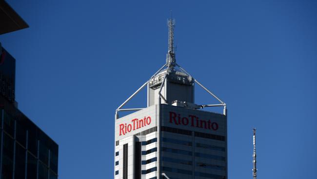 The logo of miner Rio Tinto is seen on an office tower in Perth. Picture: Mick Taikas