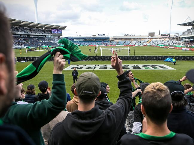 Western United’s active fans made noise, but there were lots of empty seats at GMHBA Stadium. Picture: Getty Images