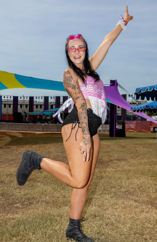 Elliee Earl pink bandana boots and black shorts at the Bass in the Grass 2025. Picture: Pema Tamang Pakhrin