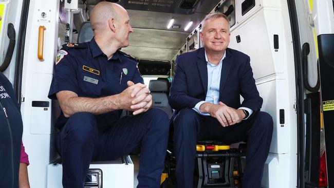 Joe Acker of Ambulance Tasmania with Premier Jeremy Rockliff. First day on the job for new Premier Jeremy Rockliff with an event at Dodges Ferry Ambulance Station. Picture: Nikki Davis-Jones