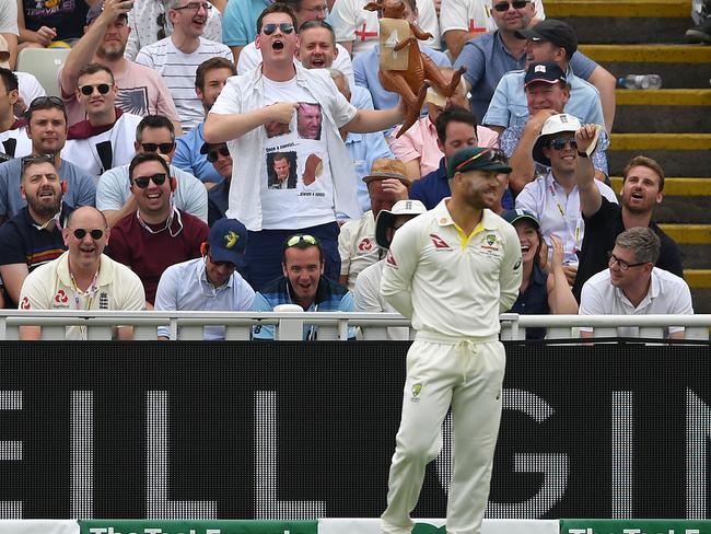 BIRMINGHAM, ENGLAND - AUGUST 03: David Warner of Australia fields in front of the Hollies Stand during day three of the 1st Specsavers Ashes Test between England and Australia at Edgbaston on August 03, 2019 in Birmingham, England. (Photo by Gareth Copley/Getty Images)