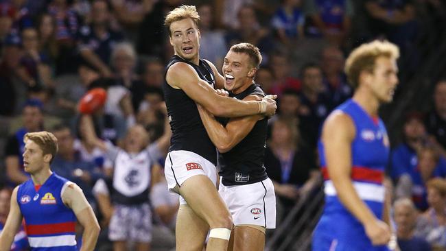 Harry McKay and Patrick Cripps celebrate a goal for the Blues. Picture: Michael Klein 