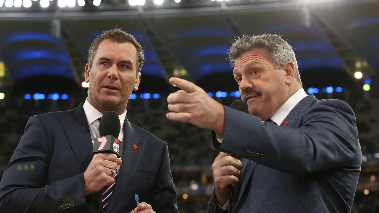 Channel 7 AFL commentators Wayne Carey and Brian Taylor before the round 14 AFL match between the West Coast Eagles and Essendon at Optus Stadium on June 20, 2019 in Perth, Australia. Photo Paul Kane/Getty Images.