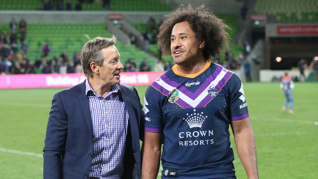 Storm coach Craig Bellamy is seen with Felise Kaufusi following their win in the Qualifying Final between the Melbourne Storm and the South Sydney Rabbitohs in Week 1 of the NRL Finals Series at AAMI Park in Melbourne, Friday, September 7, 2018. (AAP Image/David Crosling) NO ARCHIVING, EDITORIAL USE ONLY