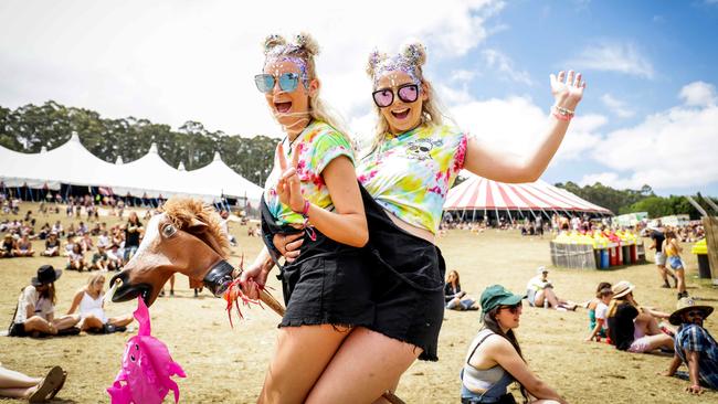 Lorne Falls Festival: New Year’s Eve 2017. Molly Clancy and Emily Shearer are happy to ride in the new year. Picture: Nicole Cleary