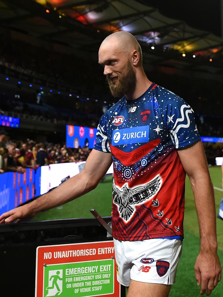 Max Gawn leaves the field on Friday night.