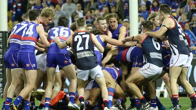 All-in brawl. Casey Scorpions and Footscray players go at it at quarter time. Picture: Michael Klein