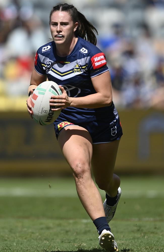 Francesca Goldthorp runs the ball during the round three NRLW match between North Queensland Cowboys and Brisbane Broncos at Queensland Country Bank Stadium, on August 05, 2023, in Townsville, Australia. (Photo by Ian Hitchcock/Getty Images)