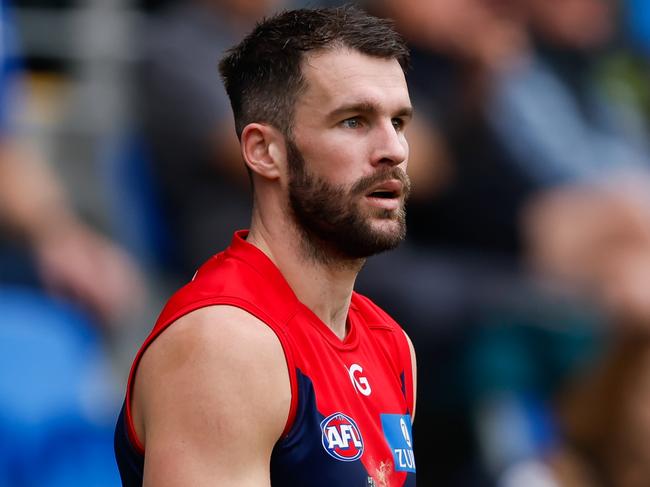 HOBART, AUSTRALIA - AUGUST 6: Joel Smith of the Demons looks on during the 2023 AFL Round 21 match between the North Melbourne Kangaroos and the Melbourne Demons at Blundstone Arena on August 6, 2023 in Hobart, Australia. (Photo by Dylan Burns/AFL Photos)