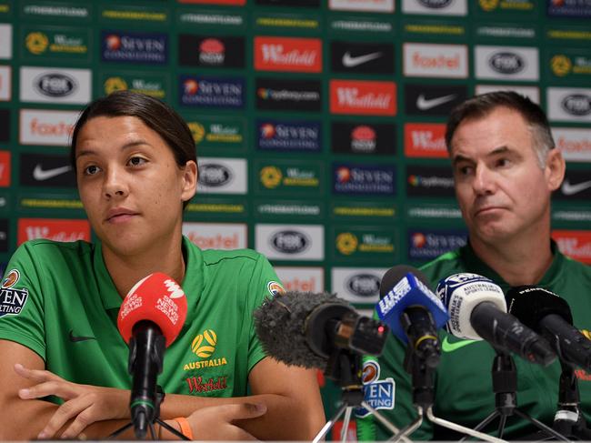 Matildas captain Sam Kerr and Head Coach Ante Milicic speak during a press conference at Bankwest Stadium in Sydney, Friday, November 8, 2019. The Matildas will play Chile in an international friendly match on Saturday in Sydney. (AAP Image/Dan Himbrechts) NO ARCHIVING
