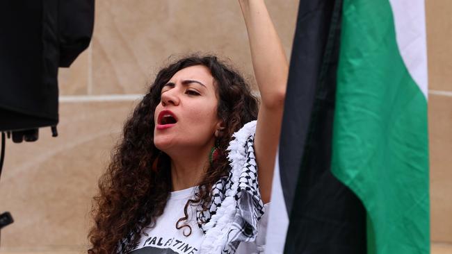 BRISBANE, AUSTRALIA - OCTOBER 13, 2024: Greens candidate Remah Naji attended as protestors gathered in central Brisbane for the All Out For Palestine 12 month anniversary of Israel's response to October 7 Hamas attack and kidnapping of israeli citizens. Picture: Tertius Pickard