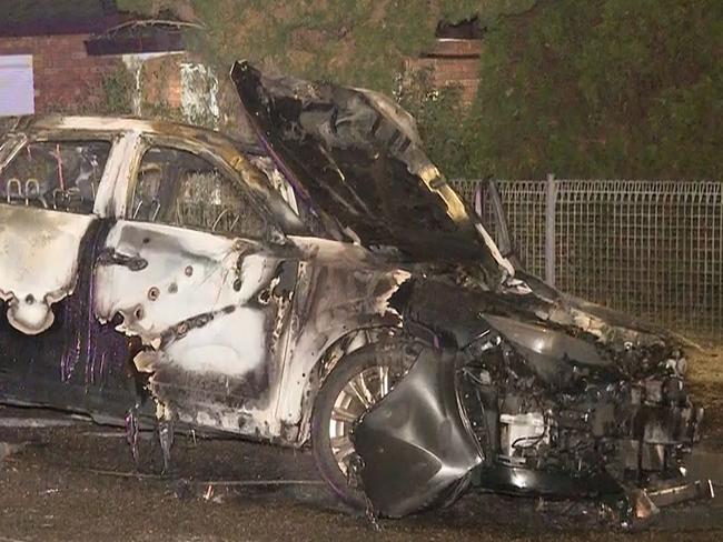 The vehicle which caught alight in Birrong. Picture: TNV