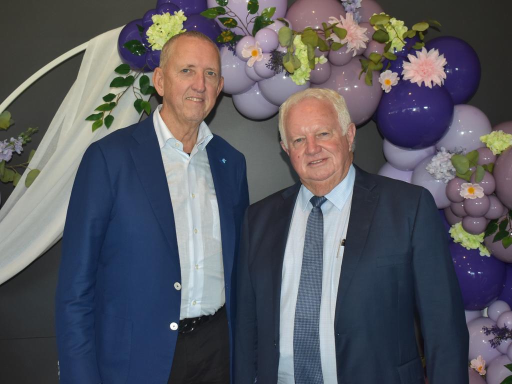 Peter Tighe, part owner of champion mare Winx, with Robbie Carr at the Rockhampton Cup race meeting at Callaghan Park on July 13, 2024.