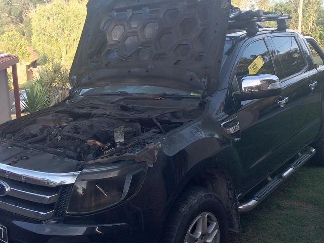 The aftermath ... This 2012 Ford Ranger XLT is pictured after it caught fire last month. Picture: Paul McCarthy