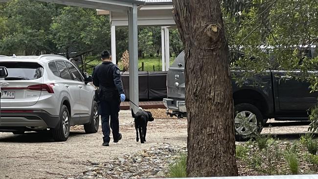 A police dog is used to search Erin Patterson’s home. Picture: Jack Colantuono