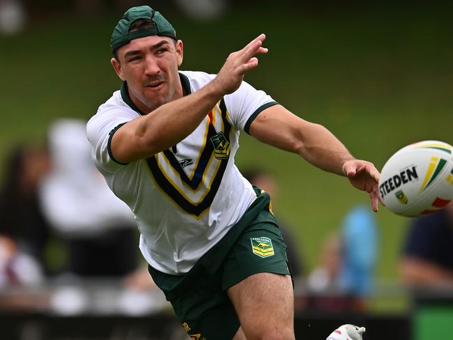 BRISBANE, AUSTRALIA - OCTOBER 13: Reece Robson trains during a Australia Kangaroos training session at Norths Devils on October 13, 2024 in Brisbane, Australia. (Photo by Albert Perez/Getty Images)