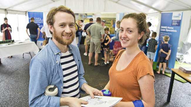 First home buyers Steven Dalamaras and Rebekah Atkinson look for advice at the Toowoomba House and Land Expo in the Harvey Norman Centre carpark, Saturday, February 8, 2020. Picture: Kevin Farmer