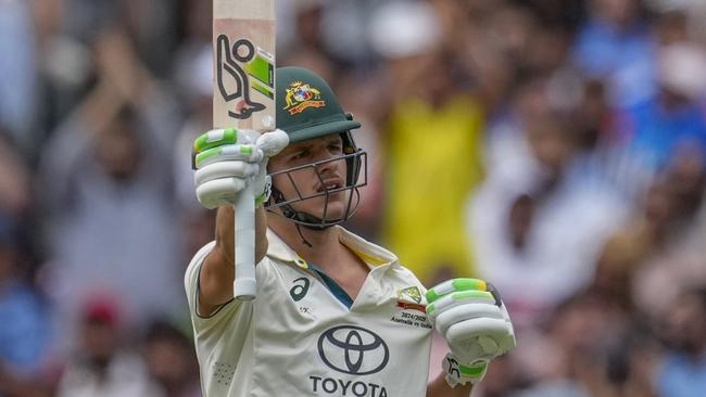 Test debutant Sam Konstas celebrates bringing up his half century at the MCG on Thursday. Picture: AP