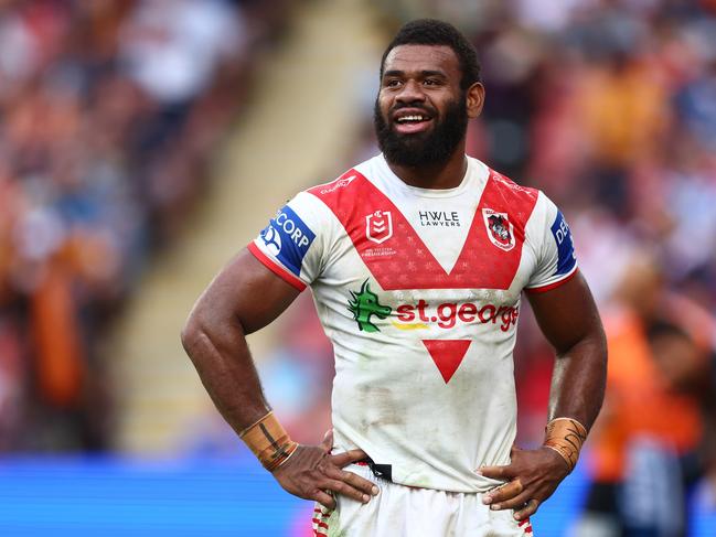 BRISBANE, AUSTRALIA - MAY 07:  Mikaele Ravalawa of the Dragons reacts during the round 10 NRL match between Wests Tigers and St George Illawarra Dragons at Suncorp Stadium on May 07, 2023 in Brisbane, Australia. (Photo by Chris Hyde/Getty Images)