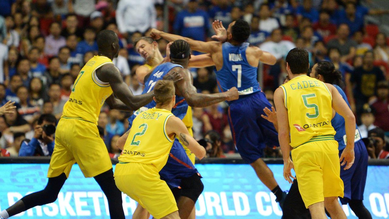 Philippine and Australian players engage in a brawl during their FIBA World Cup Asian qualifier game.