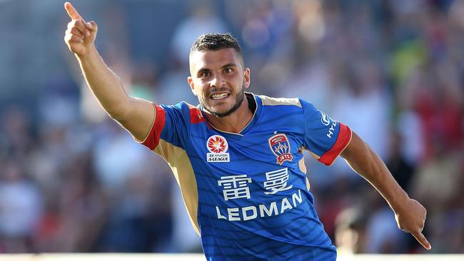 Andrew Nabbout celebrates against the Brisbane Roar. (Photo by Tony Feder/Getty Images)