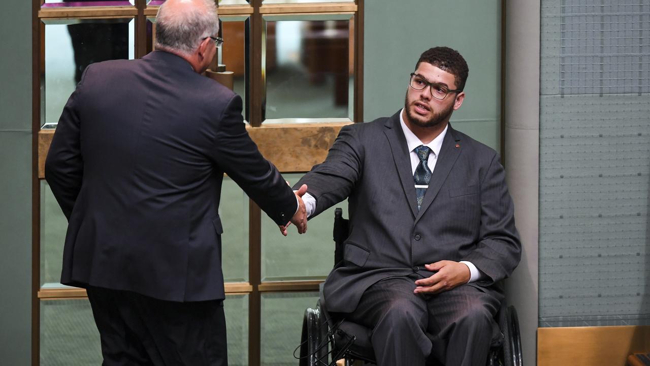 The moment Scott Morrison shook Jordon Steele-John’s hand as he left the House. Picture: AAP