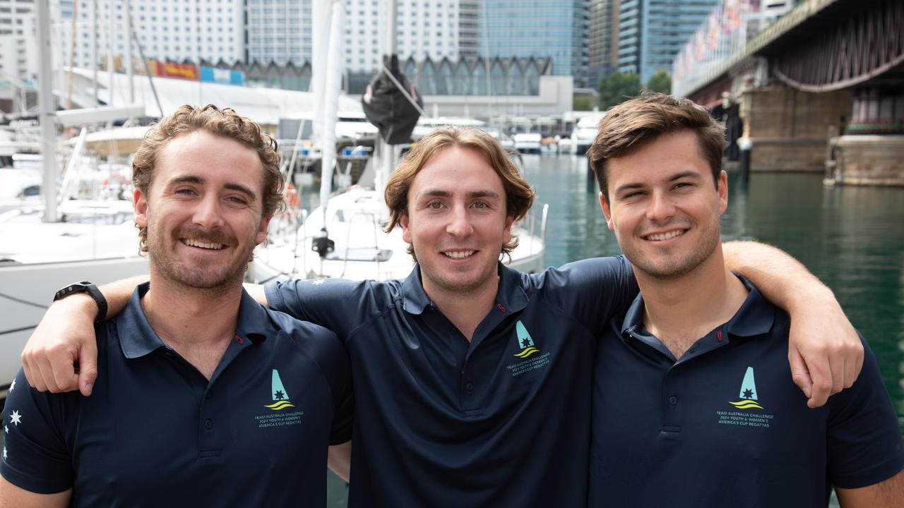 George Richardson, Miles Davey and Max Paul at the launch of the Australia's youth and women's America's Cup Challenge squad. Picture: Nicole Douglas