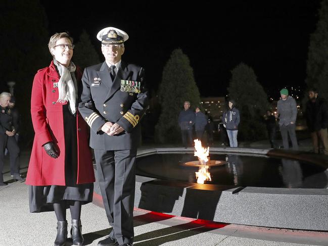 Senior Naval Officer for Tasmania, Bob Curtis and his wife Fran at the Anzac Day dawn service at the Hobart cenotaph. Picture: PATRICK GEE