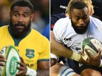 Former NRL stars Marika Koroibete (left) and Semi Radradra will face off against each other when the Wallabies play Fiji on Saturday.