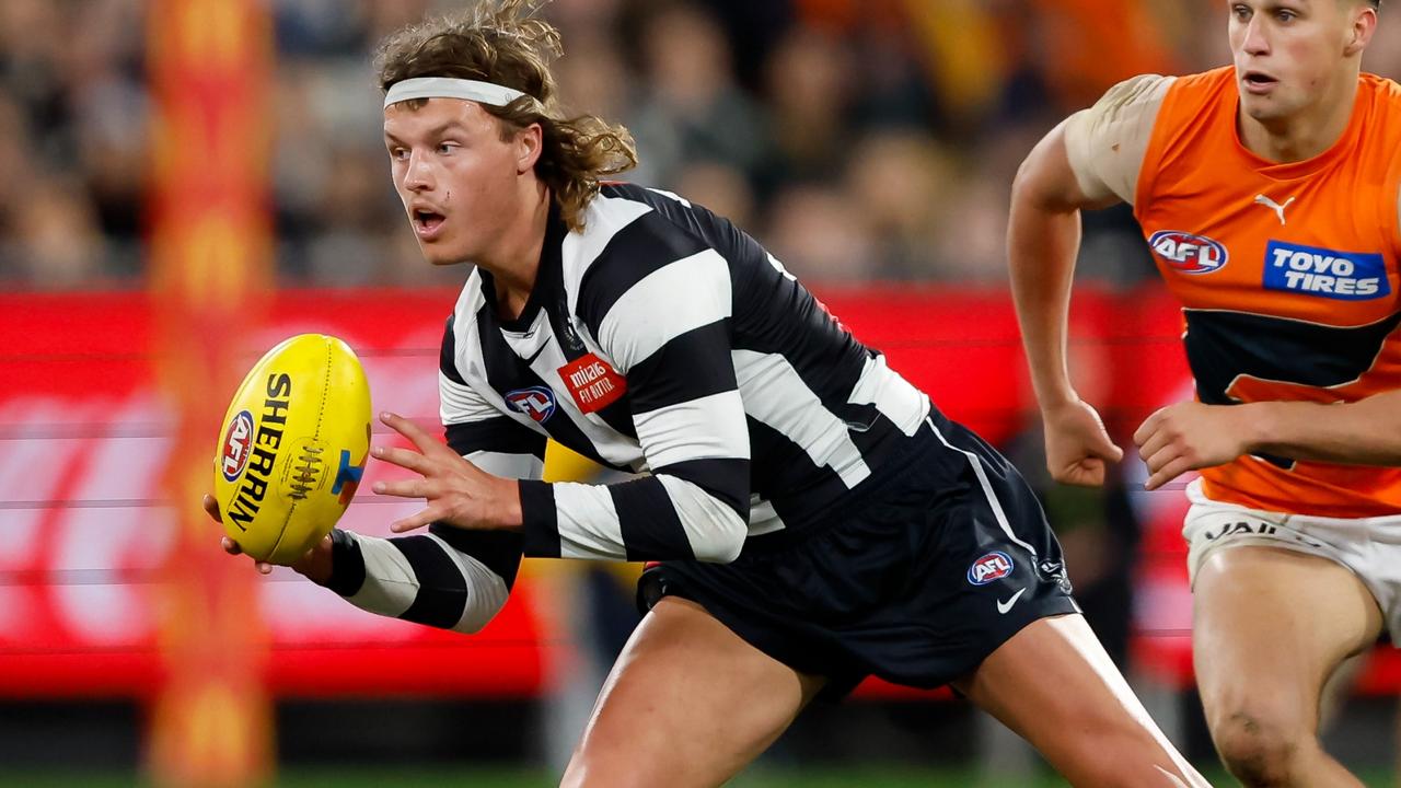 MELBOURNE, AUSTRALIA - SEPTEMBER 22: Jack Ginnivan of the Magpies in action during the 2023 AFL First Preliminary Final match between the Collingwood Magpies and the GWS GIANTS at Melbourne Cricket Ground on September 22, 2023 in Melbourne, Australia. (Photo by Dylan Burns/AFL Photos via Getty Images)