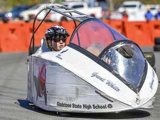 PEDAL POWER: Annika Messerby driving the Gladstone State High School vehicle at the Queensland HPV Super Series. Picture: Matt Taylor GLA100819HPV