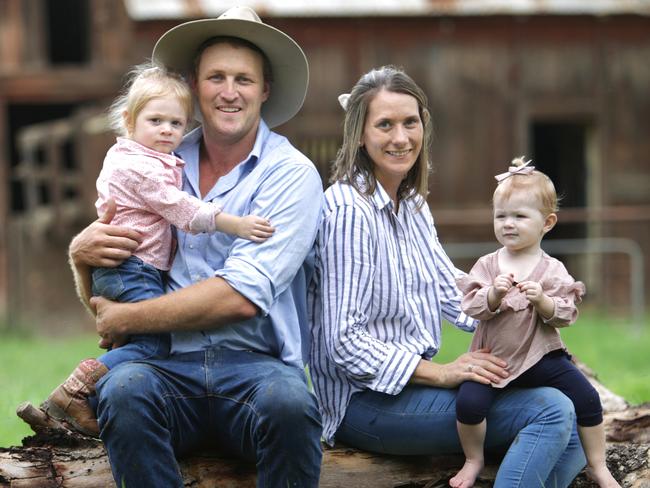 Ben and Eleanor Egan with daughters Annabelle, two, and Emilia, 11-months, on their property outside of Warren in the state’s north west. Picture: Dean Marzolla