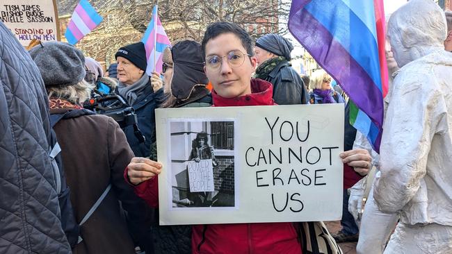 A protester at Stonewall National Memorial in New York after references to transgender people were removed. Picture: Shannon Power