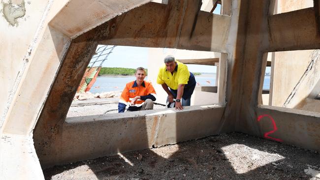 Shorelands managers Toby Roe and Graeme Benaim with one of the concrete modules. Picture: Katrina Bridgeford.