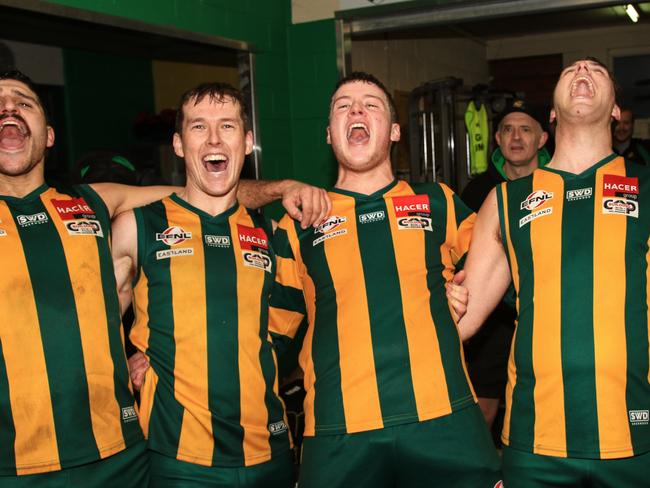 EFNL 2024: Mooroolbark sings the song after its upset win over Beaconsfield. Picture: Davis Harrigan