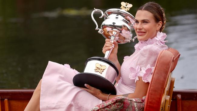 Aryna Sabalenka poses with the Daphne Akhurst Memorial Cup after winning the 2023 Australian Open in Melbourne last year. Picture: Getty Images